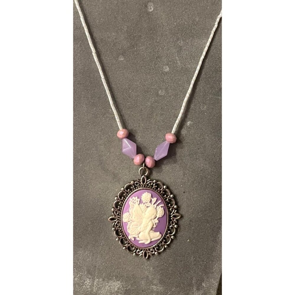 Handcrafted Purple and Cream Cameo Style Fairy Necklace  # 5016